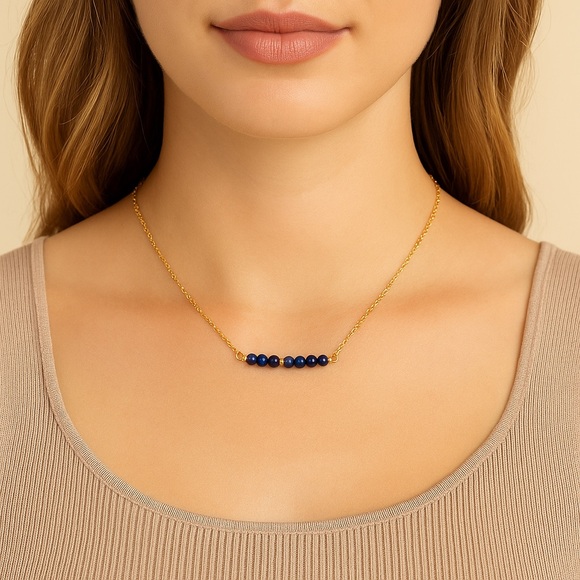 Blue Lapis Stone Bar Necklace on Gold Chain | Adjustable Length NEW - Picture 1 of 7